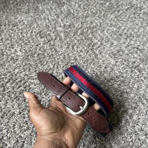 The Belted Cow Brown Leather Blue Red Striped Belt Mens Size 36 Golf